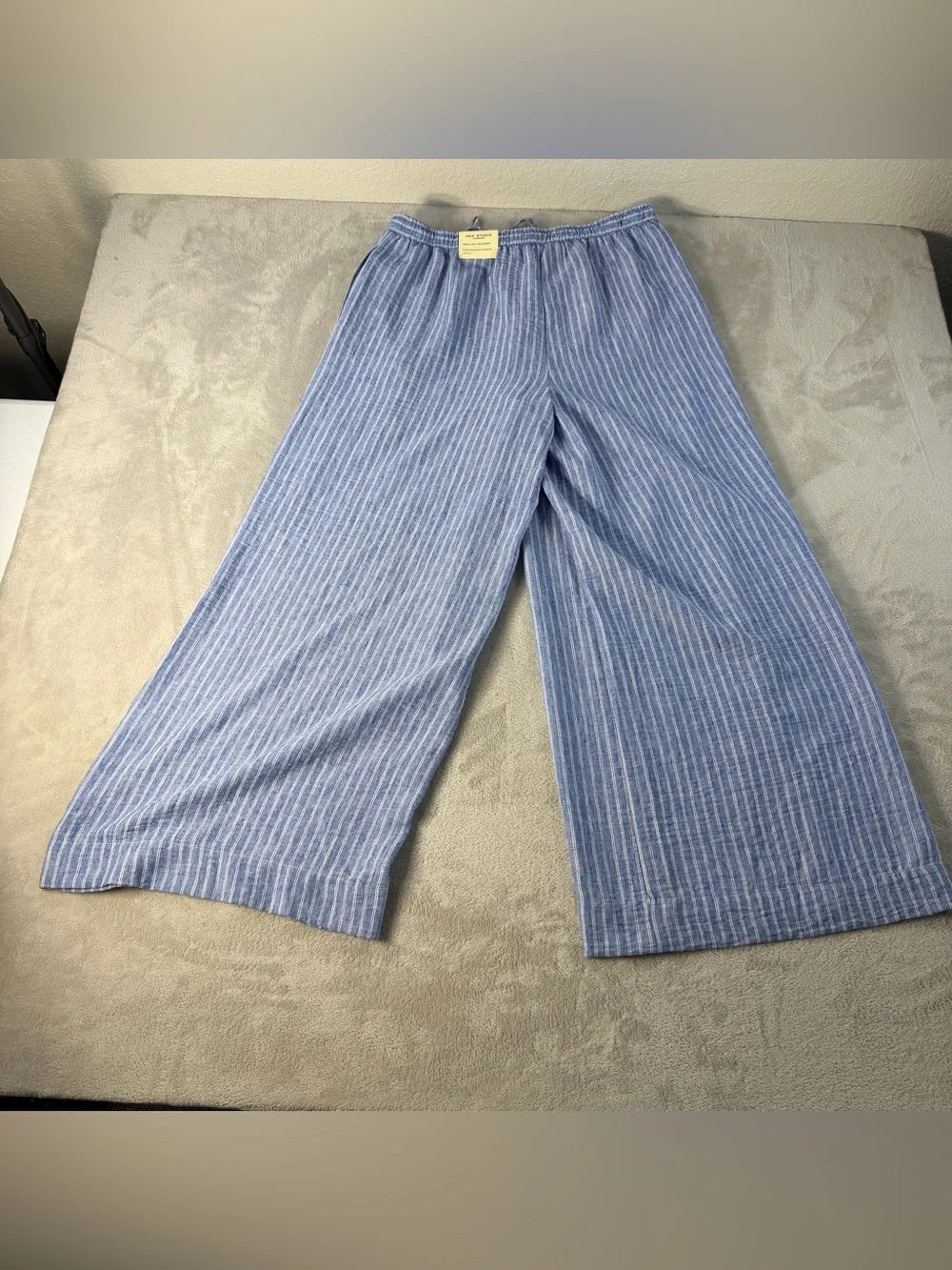 Max Studio London Womens Wide Leg Trousers L Blue White Striped Drawstring
